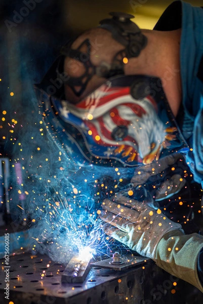 Fototapeta Man with welding mask in safety suit with gloves welds steel in home workshop. Welding flame with sparks. Dangerous work