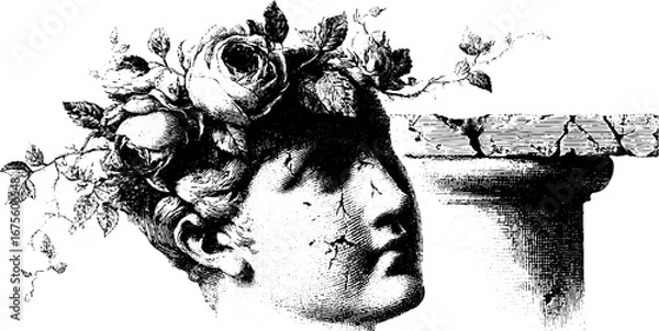 Fototapeta Classical bust with broken details and rose adornments in engraved style for artistic design