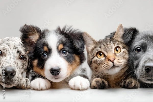 Fototapeta Cute dogs and cats having fun together in a cozy setting with their paws resting on a bright surface during a playful moment