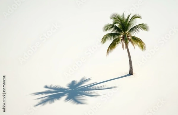 Fototapeta Solitary palm tree casts shadow on white sand beach. Minimalist tropical scene with calm, clear sky and bright sun. Serene, peaceful vibe perfect for vacation, holiday, or paradise imagery.