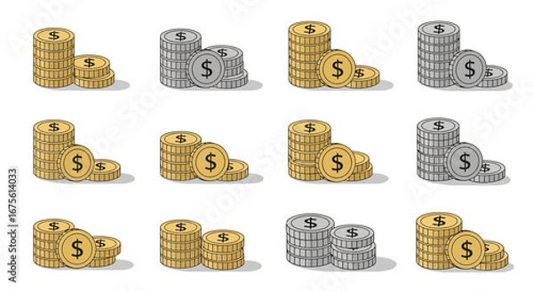 Fototapeta Gold and Silver Coin Stacks A Collection of Financial Illustrations in Vector Form