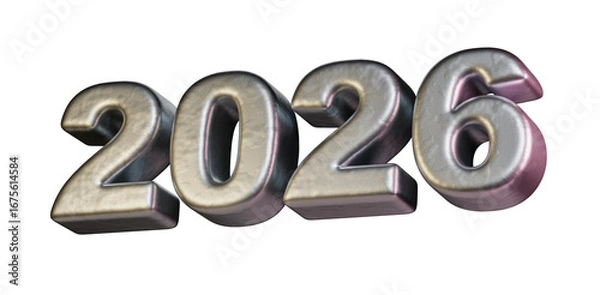 Fototapeta 3D Metallic Text Rendering of Year 2026. isolated numbers