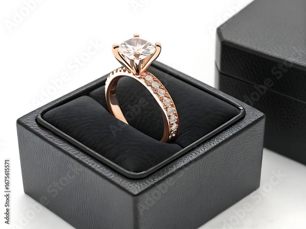 Fototapeta Close up of a diamond ring in a black jewelry box with another box in the background on white
