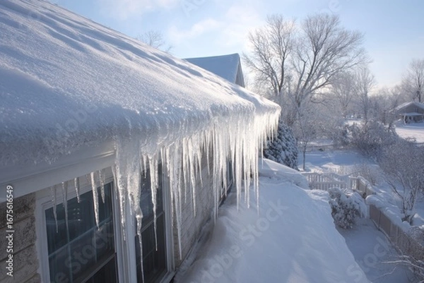 Fototapeta Preventing ice dams on roof in a snowy residential area during winter season highlighting the need for proper insulation and ventilation