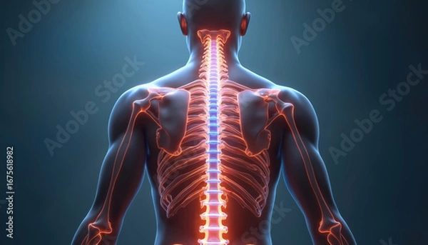 Fototapeta Digital image human anatomy, focusing on back view of spine, skeletal structure. Medical education graphic highlights bone structure, physiology. Visualization excellent for science, health, wellness