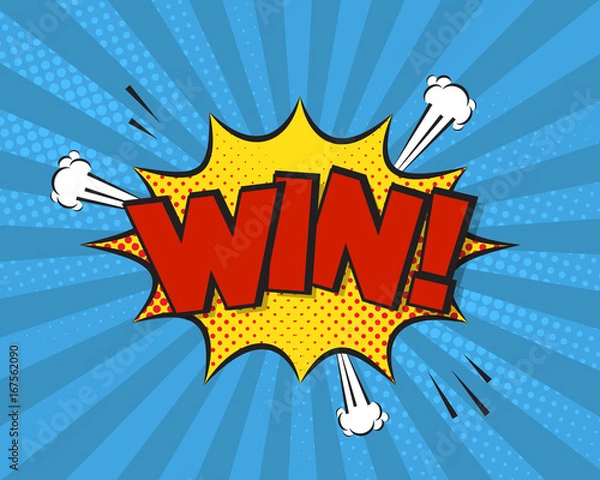 Fototapeta Win comic pop art background, vector illustration. Winner poster concept, halftone background, funny explosion, graphic elements, text. 