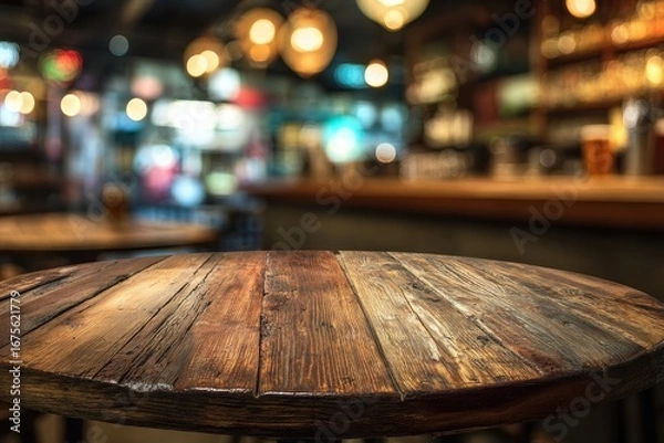 Fototapeta Warm wooden round table set in a lively pub atmosphere with blurred bar background creating a cozy evening vibe