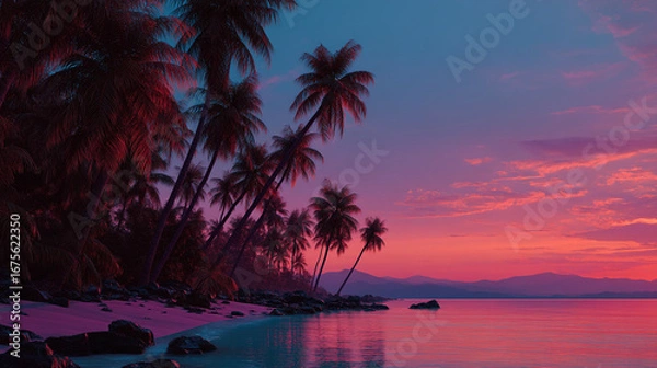 Fototapeta A vibrant sunset over a tropical beach with palm trees and pink sand and turquoise water reflecting the sky