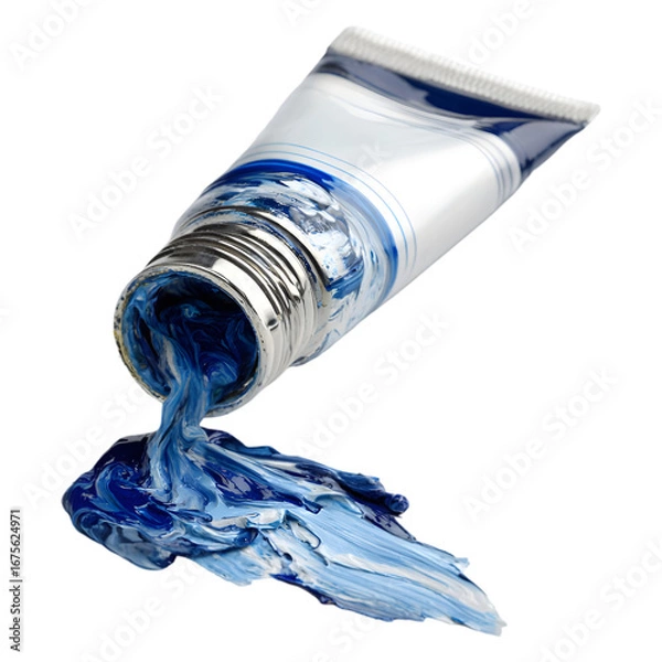 Fototapeta A white metal tube of blue oil paint squeezed out onto a surface creating a textured abstract shape isolated on transparent background