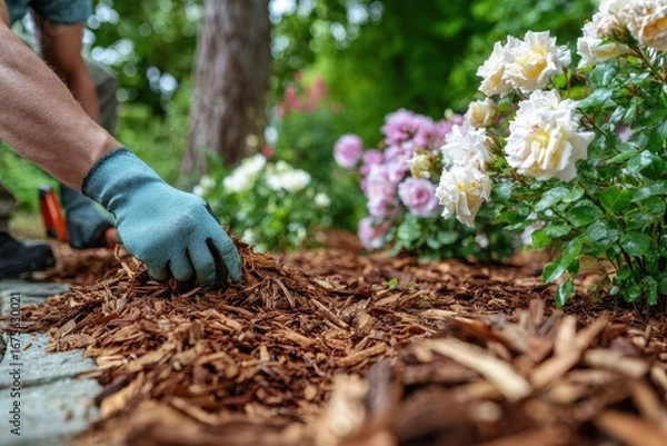 Fototapeta Gardener mulching flowers in summer garden for improved soil health and moisture retention during bright sunny day