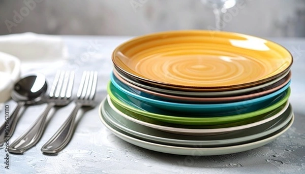 Fototapeta A set of round ceramic plates with concentric patterns stacked neatly on a table.