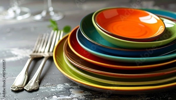 Fototapeta A tall stack of multicolored ceramic plates including red, green, and yellow.