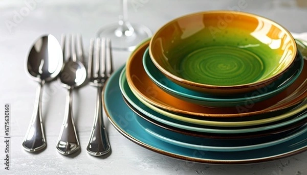 Fototapeta A pile of colorful dinner plates in green, orange, and brown arranged on a dining table.