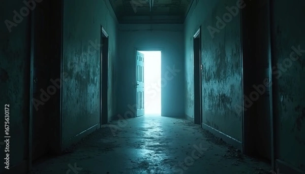 Fototapeta Door in dark room opens to bright white light. Abandoned hallway with dirty walls and floor. Ancient architecture. Entrance to another space. Mystery, unknown.