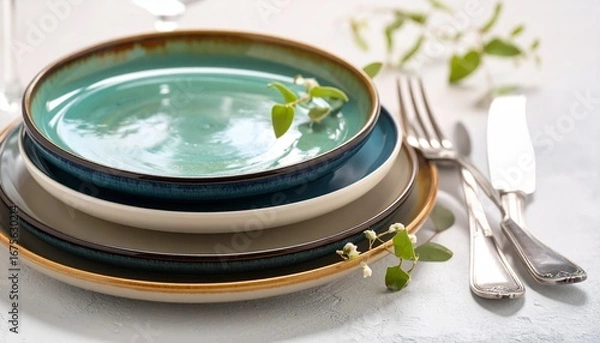 Fototapeta A set of stacked ceramic plates in green, blue, and white on a dining table.