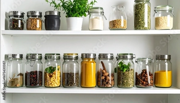 Fototapeta Assorted spice jars containing different powders and dried herbs.