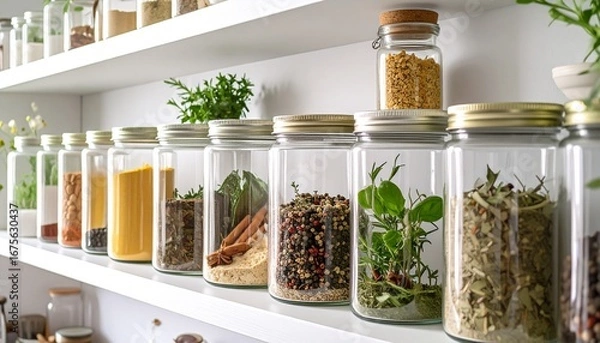 Fototapeta A collection of glass jars filled with colorful spices neatly arranged on a shelf.
