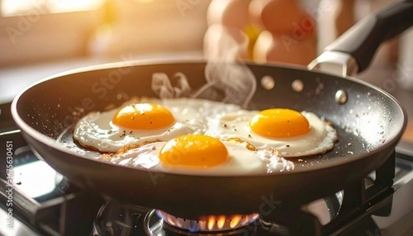 Fototapeta Two sunny-side-up eggs frying in a pan with golden yolks.