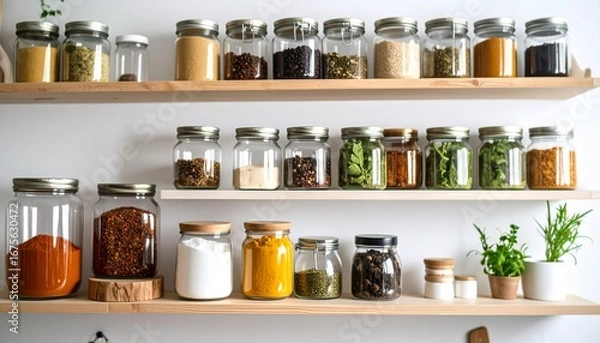 Fototapeta A kitchen shelf filled with assorted jars of spices and herbs.
