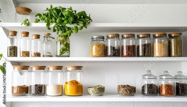 Fototapeta A modern kitchen shelf decorated with jars of spices and fresh green basil.