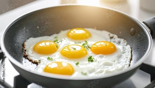 Fototapeta Four sunny-side-up eggs frying in a pan with steam rising.