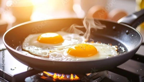 Fototapeta Close-up of two fried eggs in a pan with steam rising, golden yolks in focus.