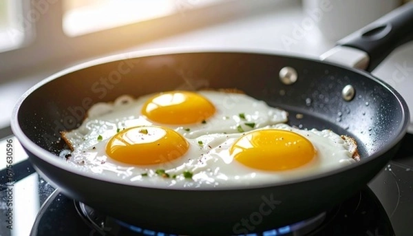 Fototapeta A frying pan with four sunny-side-up eggs garnished with fresh herbs.
