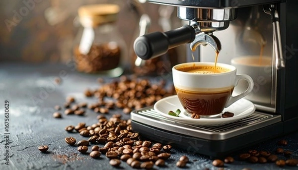 Fototapeta A steaming espresso being prepared with coffee beans scattered around the machine.