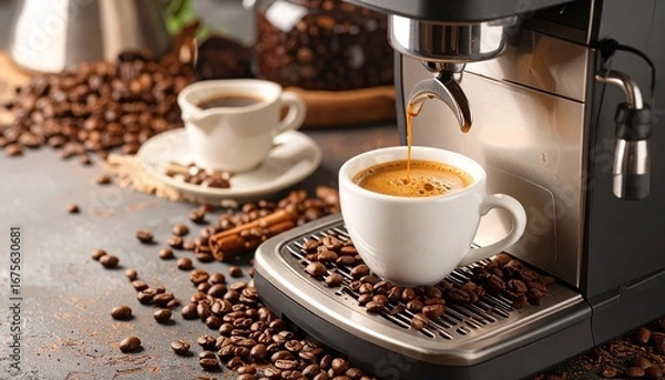 Fototapeta A hot cup of espresso surrounded by roasted coffee beans on a bright white background.