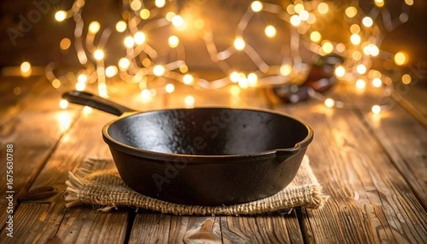 Fototapeta A black frying pan placed on a wooden surface with warm golden lights in the background.