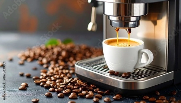 Fototapeta A modern espresso machine brewing fresh coffee into a white cup surrounded by coffee beans.