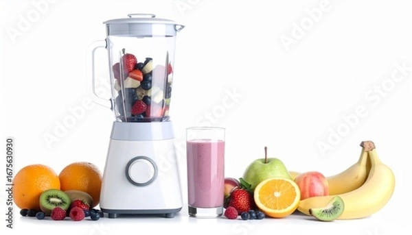 Fototapeta Smoothie blender filled with fresh fruits, placed on a kitchen counter.
