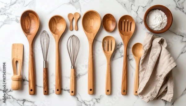 Fototapeta Close-up of natural wood spoons, forks, and whisks on a light background.