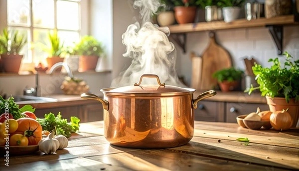 Fototapeta Copper saucepan with boiling steam in a cozy rustic kitchen setting.