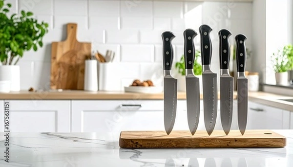 Fototapeta Sharp chef knives neatly arranged in a knife holder on a counter.