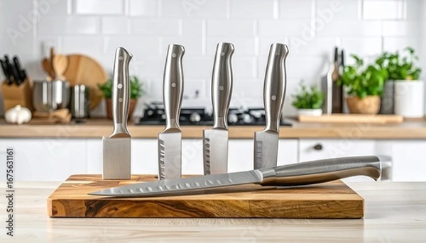Fototapeta Set of kitchen knives in a modern knife block on a white countertop.