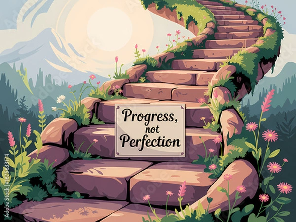 Fototapeta Motivational poster with "Progress, Not Perfection" on a winding stone staircase in a painterly style.