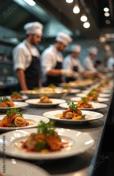 Fototapeta Chefs in uniform prepare gourmet meals in busy restaurant kitchen. Rows of plated food waiting for service. Culinary professionals work with ingredients, sauces, vegetables with focus on precision,