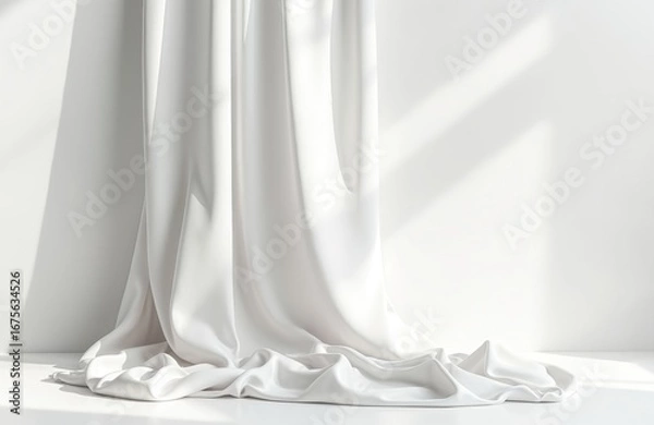 Obraz Elegant white fabric draped against wall creates minimalist scene with soft shadows. This smooth, flowing material, possibly silk or satin, offers clean backdrop for product reveals and presentations.