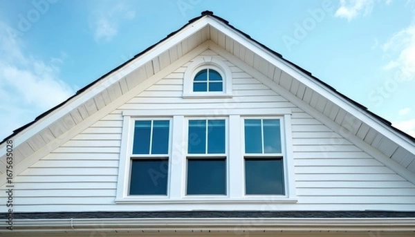 Fototapeta White house gable roof against bright blue sky with sparse clouds. Features multiple windows, clean white siding. Traditional American architecture, sunny daylight, peaceful suburban neighborhood