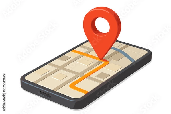 Fototapeta 3D render of a smartphone with GPS map navigation app and red pinpoint. Vector illustration of a phone showing a route to a destination. Mobile location tracking and search concept.