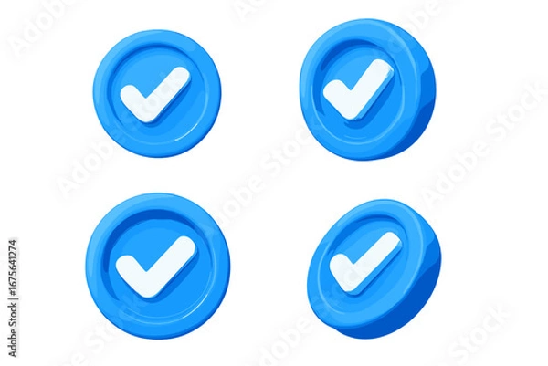 Fototapeta 3d social media checkmark verify illustration set. Blue tick verified badge icon for social network profile. Approved symbol for account validation. Realistic vector render.