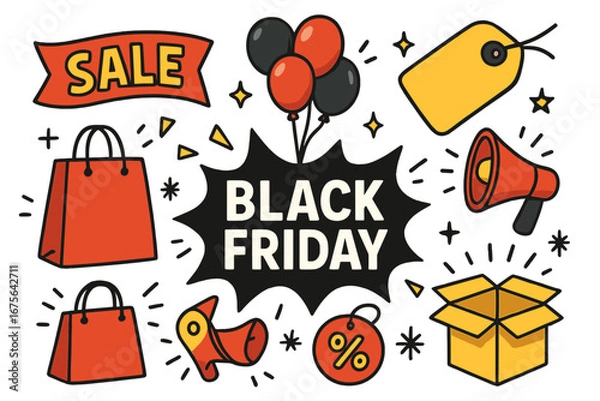 Fototapeta Black Friday sale vector icon set. Doodle cartoon graphic elements for promotion and advertising. Shopping bag, discount tag, megaphone, gift box, percent sign and balloons.