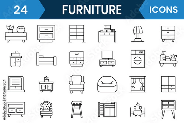 Fototapeta Modern Furniture line icon and home interior vector symbol such as chair, table, Stylish home decoration elements. Furniture icon set. Vector illustration.