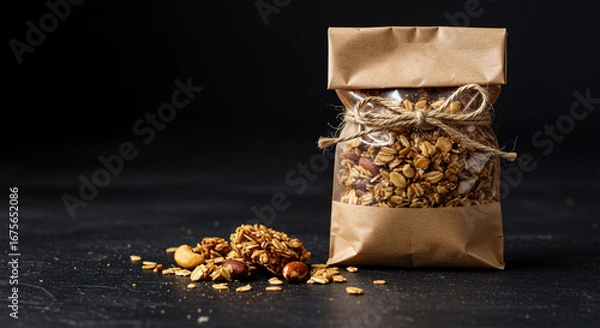 Fototapeta Homemade granola with mixed nuts and oats in a rustic paper bag package on a dark background. Healthy breakfast food concept