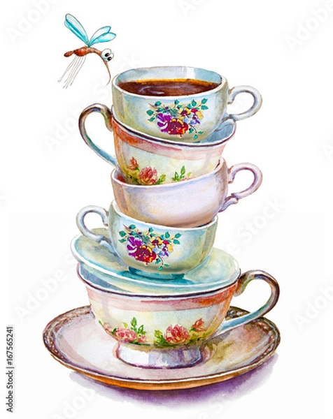 Fototapeta Party colorful tea cups and saucers closeup with mosquito. Sketch handmade. Postcard for Valentine's Day. Watercolor illustration.