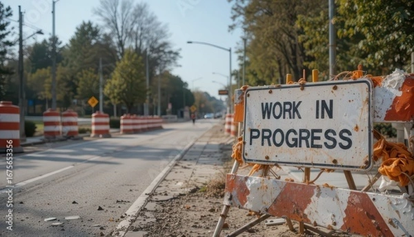 Fototapeta Road construction zone with "Work In Progress" sign and traffic barrels creating a sense of ongoing development