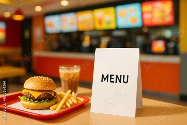 Fototapeta Fast Food Menu Mockup with Burger and Fries in Restaurant Setting