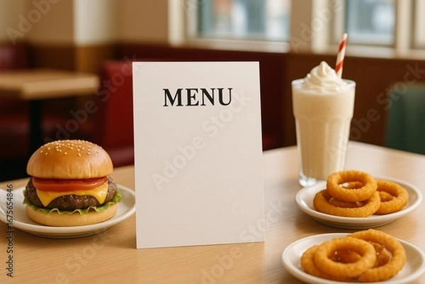 Fototapeta Realistic Menu Mockup with Burger, Onion Rings, and Milkshake in Cozy Diner Setting