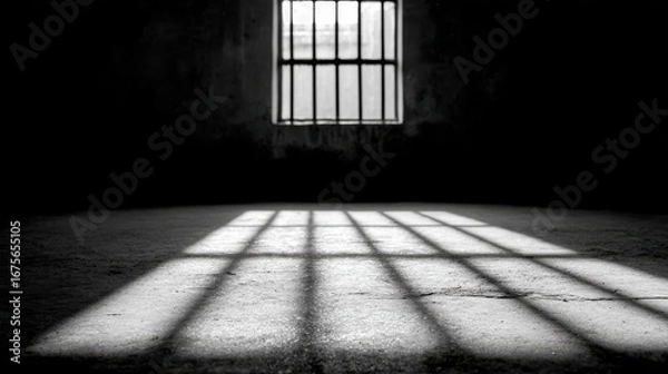 Fototapeta Prison Cell Window Casting Shadows On Floor. Symbolizes Confinement And Isolation